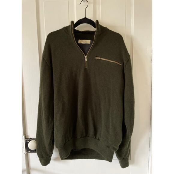 VTG Cabelas Wind Shear Wool Sweater Mens Large tall Green 1/4 Zip Elbow Patches - Picture 1 of 7